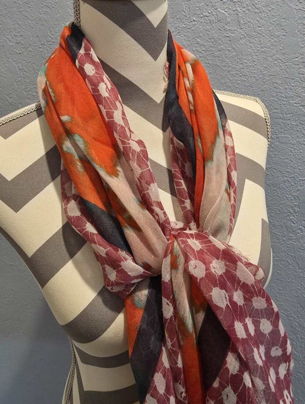 GAP Orange Burgundy Black Patterned Lightweight Scarf
